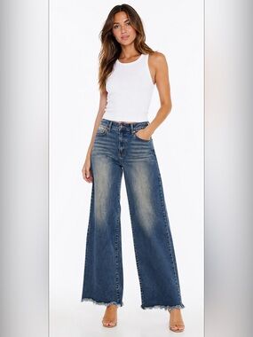 High-Rise Wide Leg Jeans in Medium Blue Denim